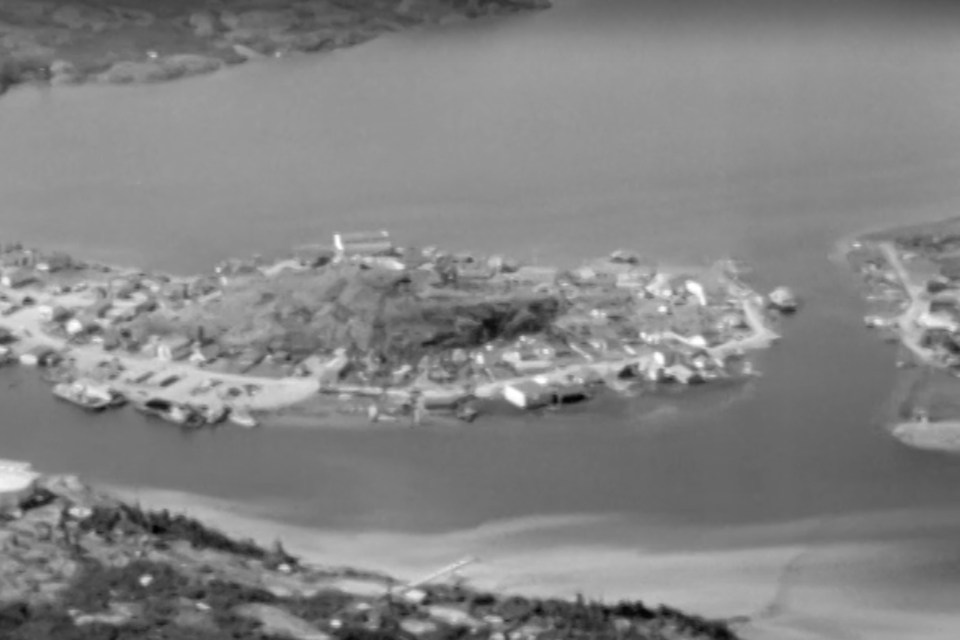 In a still from a National Film Board video, Yellowknife is seen without the causeway that now connects Latham Island to the rest of the city.